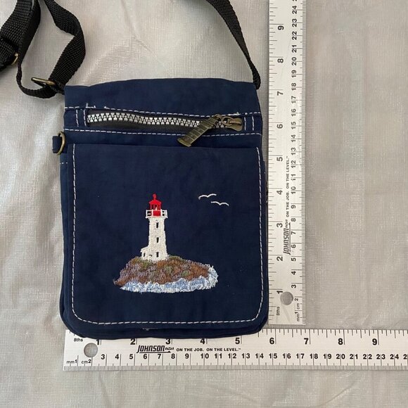 Vintage Navy mini Crossbody Bag With Lighthouse Embroidery Zipper Closure travel - Picture 10 of 12